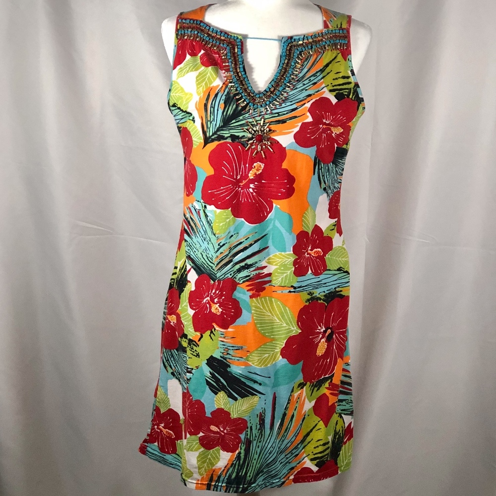 Tropical Floral Botanical Print Dress Beaded Neck